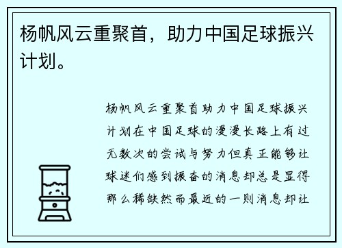 杨帆风云重聚首，助力中国足球振兴计划。